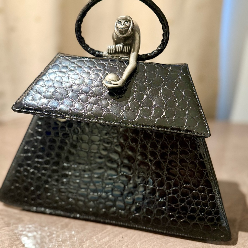 Elegant Black Croc-Embossed Mini Bag with Monkey Accent